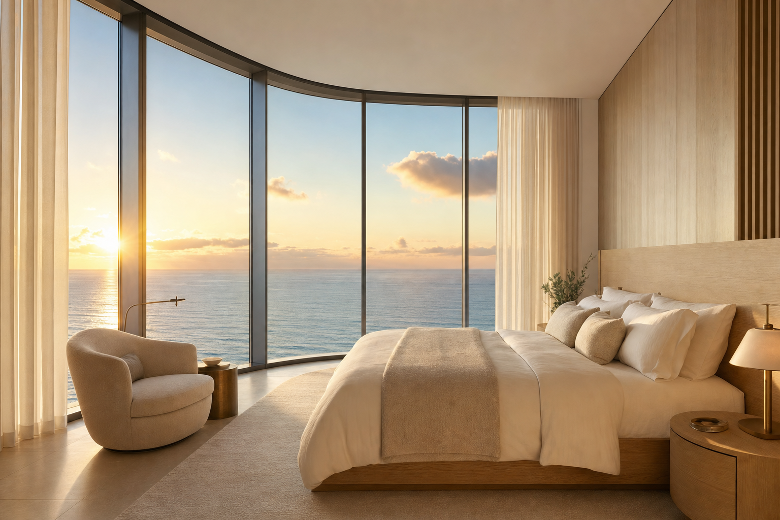 Primary suite with curved oceanfront windows and morning light over the Atlantic