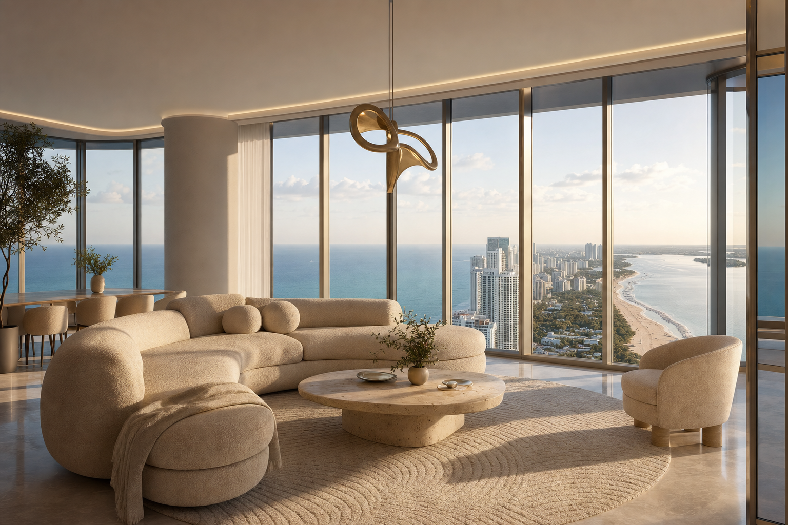 Living room of an oceanfront residence with curved floor-to-ceiling windows overlooking the Atlantic at golden hour